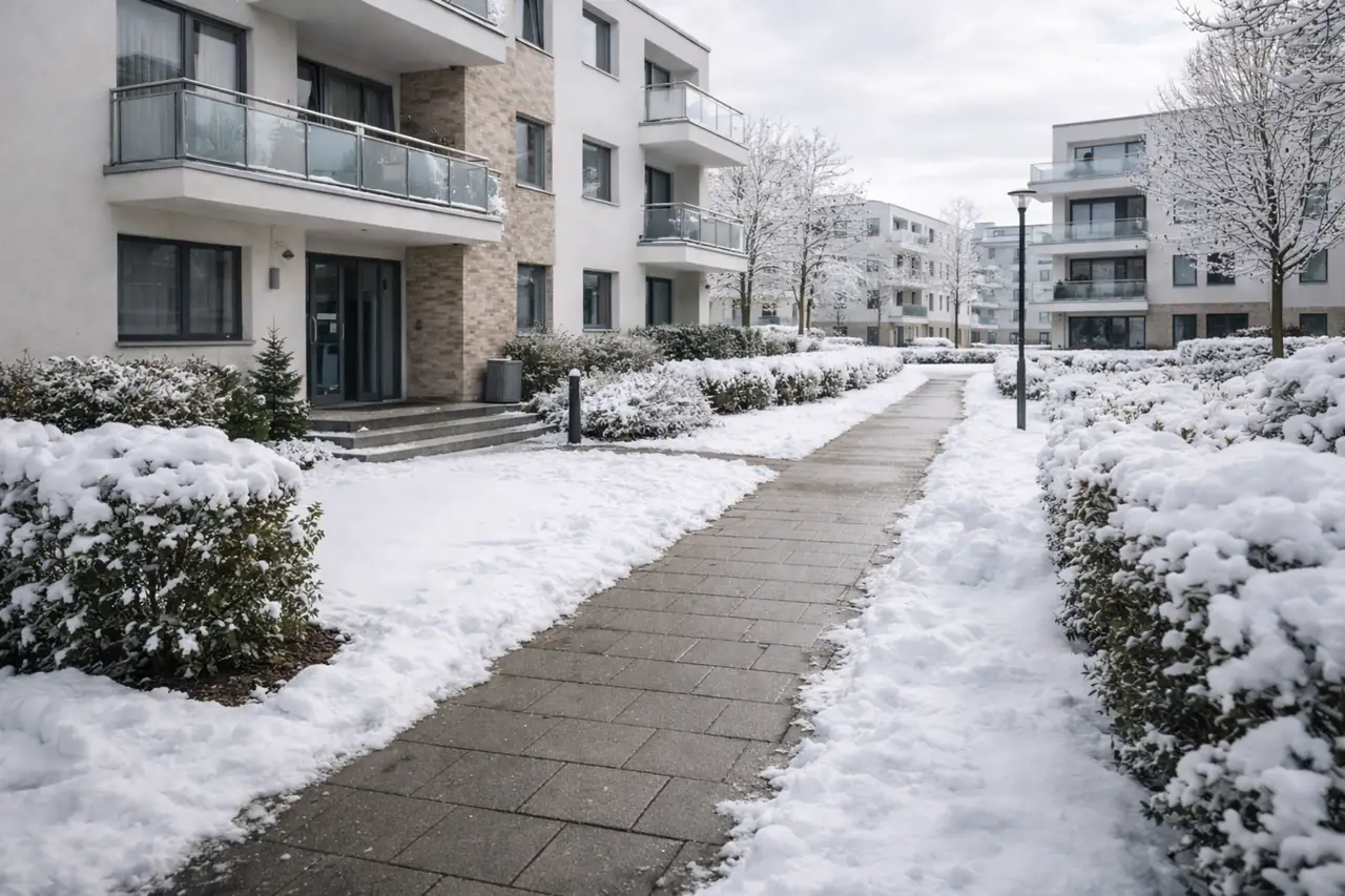 Winterdienst auf geräumten Wegen rund um ein Gebäude